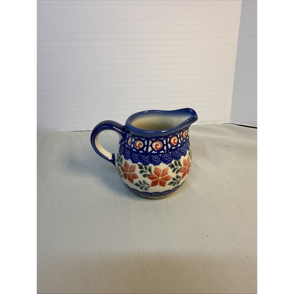 ANDAF Polish Pottery UNIKAT Creamer Pitcher Orange Floral Geometric Mosaic